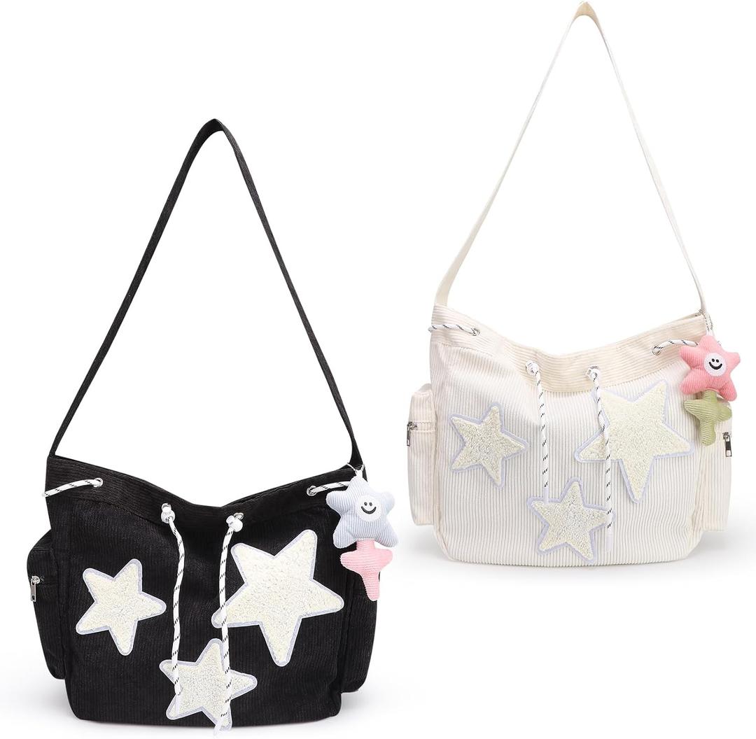 2 Pack Star Crossbody Bag Women Y2K Hobo Bag Corduroy Tote Bag Aesthetic Messenger Bag Large Capacity Cute Shoulder Bag