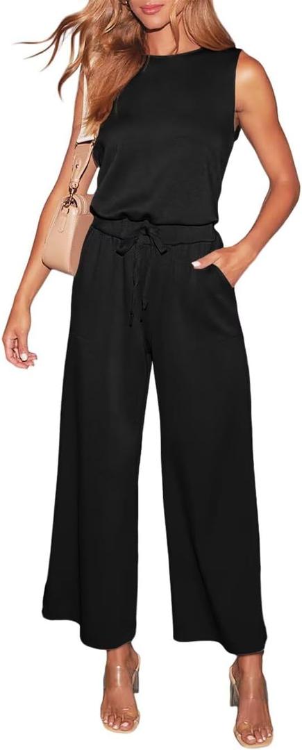 LEEDYA Womens Jumpsuits Dressy Summer Sleeveless Crewneck One Piece Jumpsuit Casual Wide Leg Long Pants Rompers 2025 (Medium, Black)