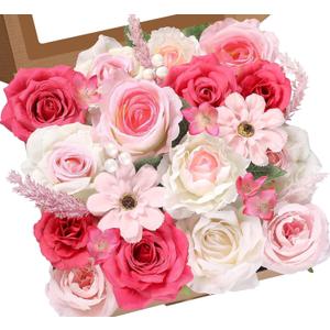 Serwalin 2 Pcs Artificial Pink Flowers, Faux Roses Flowers Combo Box Sets, Silk Flowers with Stems for Wedding and Cake Decoration Blush Pink White Table Centerpieces Flower