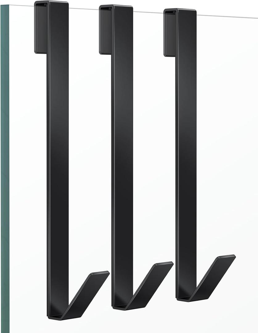 Shower Door Hooks 12 in, Shower Hooks for Towels, Heavy Duty Drilling-Free Extended Towel Hooks for Bathroom Frameless Glass Door, Over The Door Towel Hooks 3 Packs Black