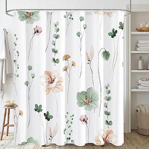 Gibelle Watercolor Floral Shower Curtain, Sage Green Beige Flower Shower Curtain for Bathroom, Modern Minimalist White Waterproof Fabric Shower Curtain Set 72x72 Inch