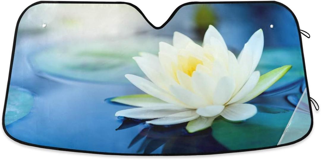 Car Windshield Sunshade Beautiful Lotus Flower Pattern, Blocks Sun Visor Protector Foldable Sun Shield Keep Your Vehicle Cool, Fits Windshields of Most Sizes (White)