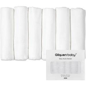 GLLQUEN BABY Receiving Blanket Boy Cotton Muslin Swaddle Blankets Girl Newborn Squares Breathable & Soft Thin Baby Blankets Cloths Double Absorbent Infant Swaddling Wrap - 6 Pack (White)