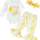 Ayalinggo My First Easter Baby Girl Outfit Easter Bunny Shirt Onesie Romper Bell Bottoms Pants Newborn Easter Clothes (White)