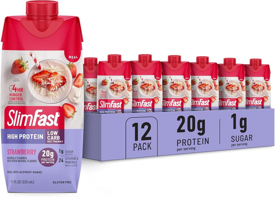 SlimFast Protein Shake, Strawberry- 20g Protein, Meal Replacement Shake Ready to Drink, High Protein with Low Carb and Low Sugar, 24 Vitamins and Minerals, 12 Count (Pack of 1) (Packaging May Vary)