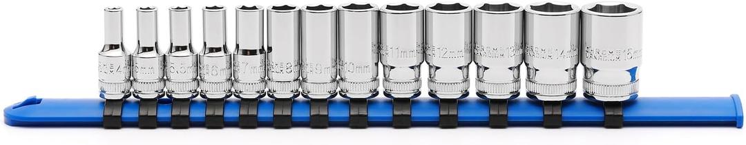 MIXPOWER 1/4" Drive Mid-Length Socket Set with Storage Rails, 13-Piece, 6 Point, 4-15mm, CR-V, Metric, Semi-Deep Socket Set