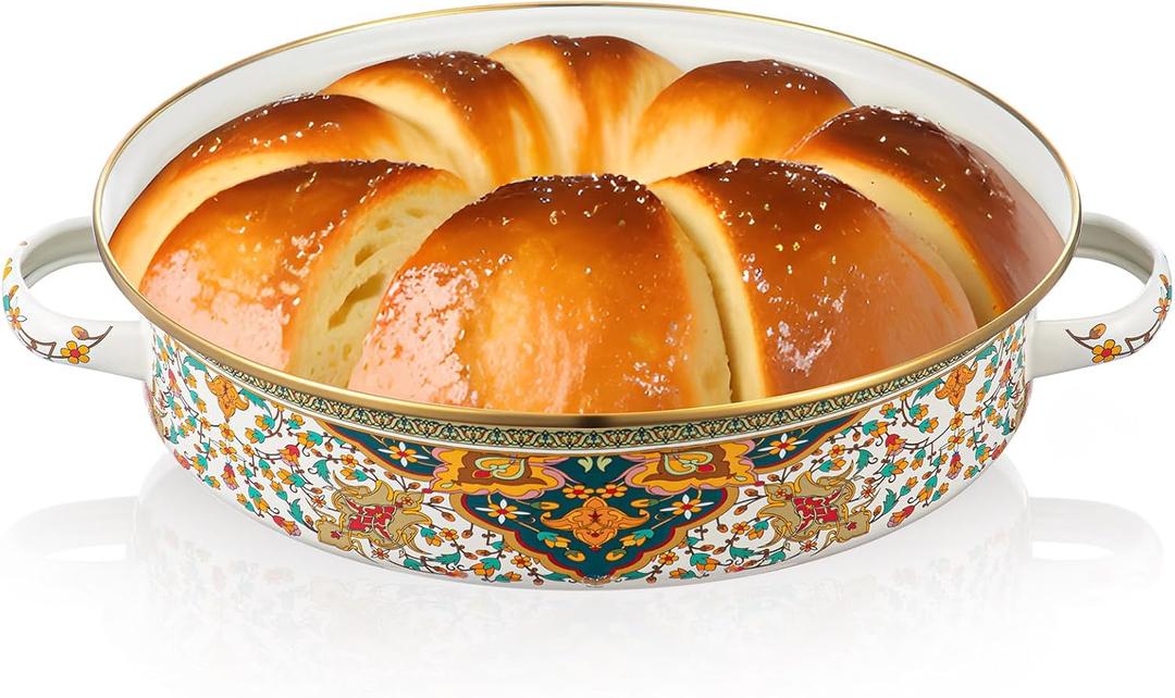 11 Inch Enamel Pie Pan Vintage Floral Baking Dish, Non-stick Oven and Dishwasher Safe for Turkey, Pizza and Desserts Gift for Wife and Mother Baking Dish(Retro Style)