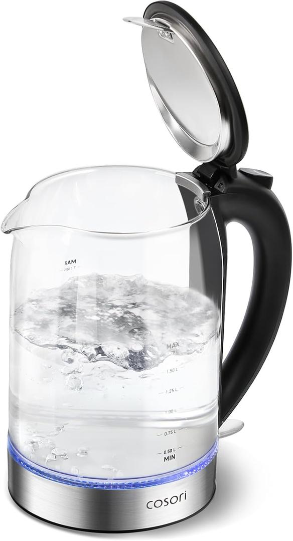Cosori Electric Kettle, No Plastic Contact With Water, Wide Mouth For Easy Cleaning, Auto Shut Off, 1.7L Tea Kettle & Hot Water Boiler, Water Heater & Teapot, Borosilicate Glass, Black, 1500W (1.8 Quarts)