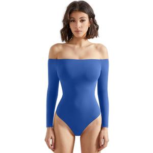 SUUKSESS Women Off the Shoulder Long Sleeve Bodysuit Double Lined Thong Bodysuit (X-Small, Royal Blue)