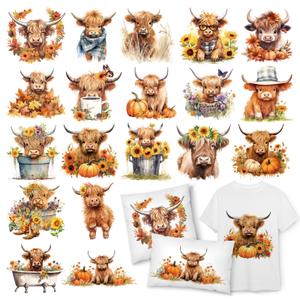 6 x JarThenaAMCS 19 Sheets Highland Cow Iron on Stickers Sunflower Inspirational Heat Transfer Decals Encouraging Cattle Printed HTV Crafts Vinyl for Clothing T-Shirts Fabric Patches DIY