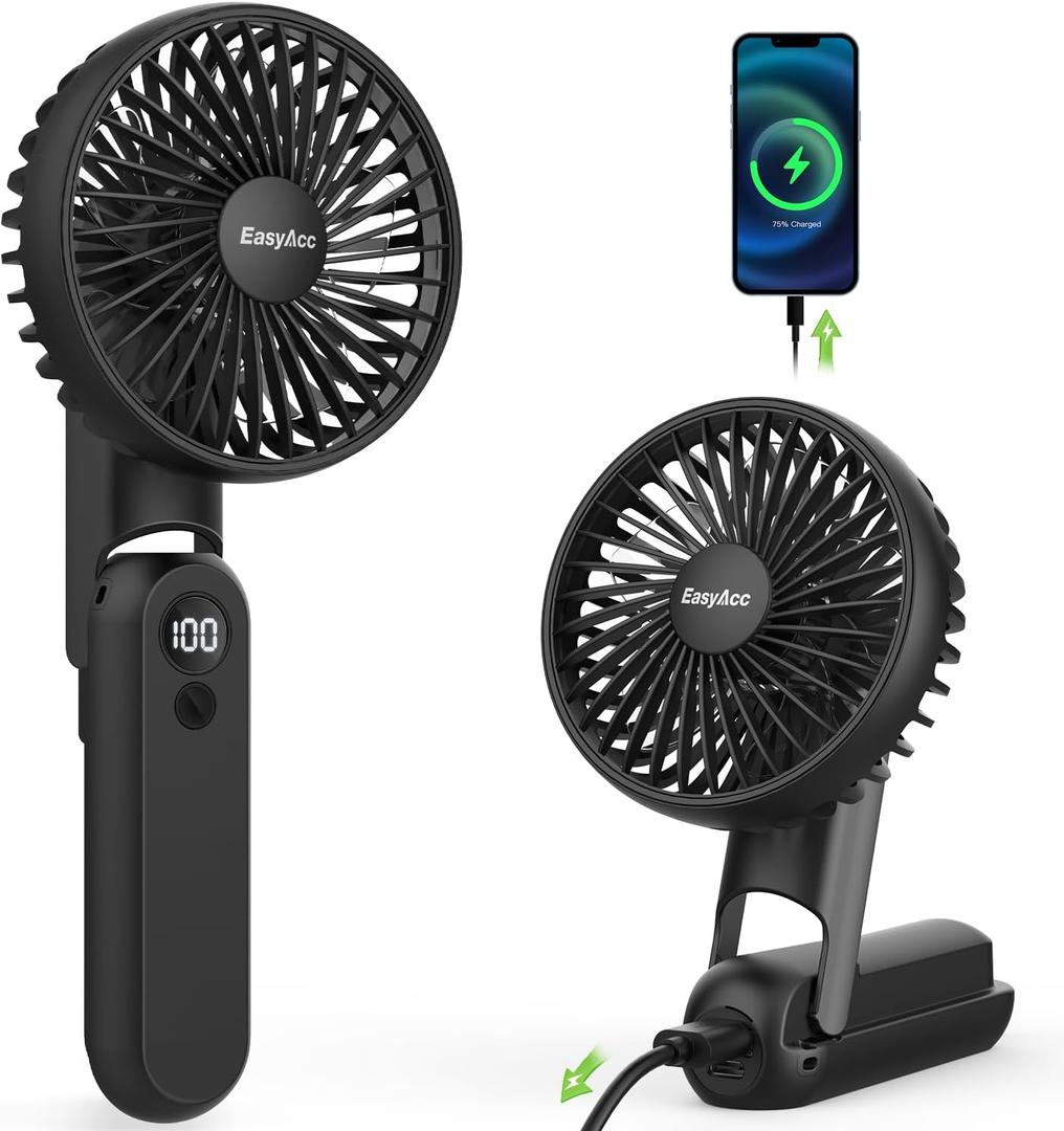 EasyAcc 3 IN 1 Handheld Fan, 5000mAh Mini Handheld Fan [Ultra Quiet Powerful]-5 Speeds/Backup Power/SOS Light/Digital Display/Lanyard- for Travel/Cruise/Summer/Concerts/Lash Black