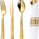WELLIFE 50 Pack Gold Plastic Silverware with Pre Rolled Napkins,Hammer Pattern Design,Plastic Cutlery Includes: 50 Forks,50 Knives,50 Spoons,50 Napkins,Gold Silverware Disposable for Party and Wedding