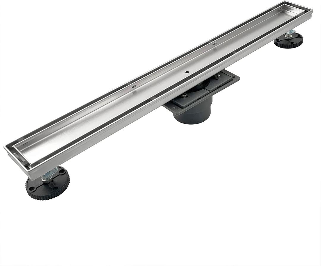 Neodrain 18-Inch Linear Shower Drain, Brushed 304 Stainless Steel, Silver, Modern Style, Removable Grate, Adjustable Feet, 2" Central Outlet, 36 L/min Flow, Fits US No-Hub Drain Base System
