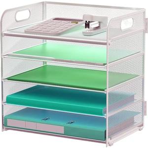 Letter Tray Paper Organizer 5-Tier Desk Organizer File Organizer Paper Holder with Handle, Metal Desktop Document Shelf Tray Office Classroom Organization - Silver