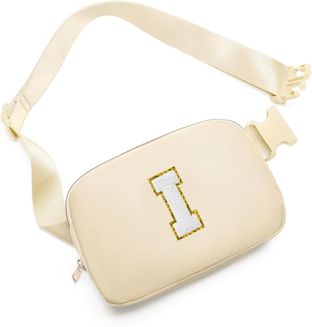 Gitus Birthday Gifts for 8 9 10 11 12 13 Year Old Girls Personalized Fanny Pack Crossbody Bags with Initial Letter Patch Belt Bag for Teen Girls Cute Trendy Stuff Travel Essentials (Beige-I)