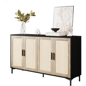 Sideboard - Buffet Cabinet with Storage, Rattan Kitchen Buffet Cabinet Accent Sideboard Cabinets with Doors, Coffee Bar Cabinets Rattan Sideboards for Living Room, Entryway, Black