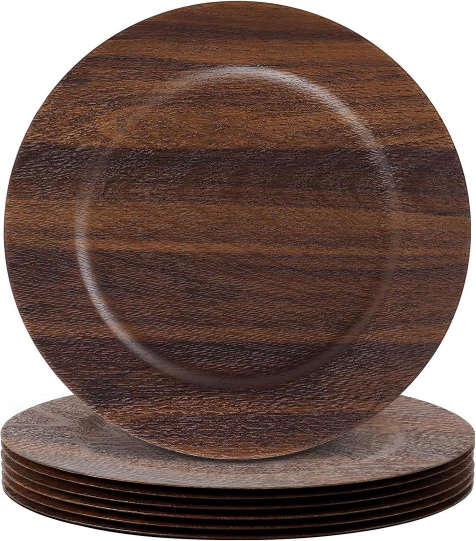 Mifoci 6 Pcs Faux Wood Charger Plates 13 Inch Round Rustic,Dark Brown, about 13 x 13 inches/ 33 x 33 cm