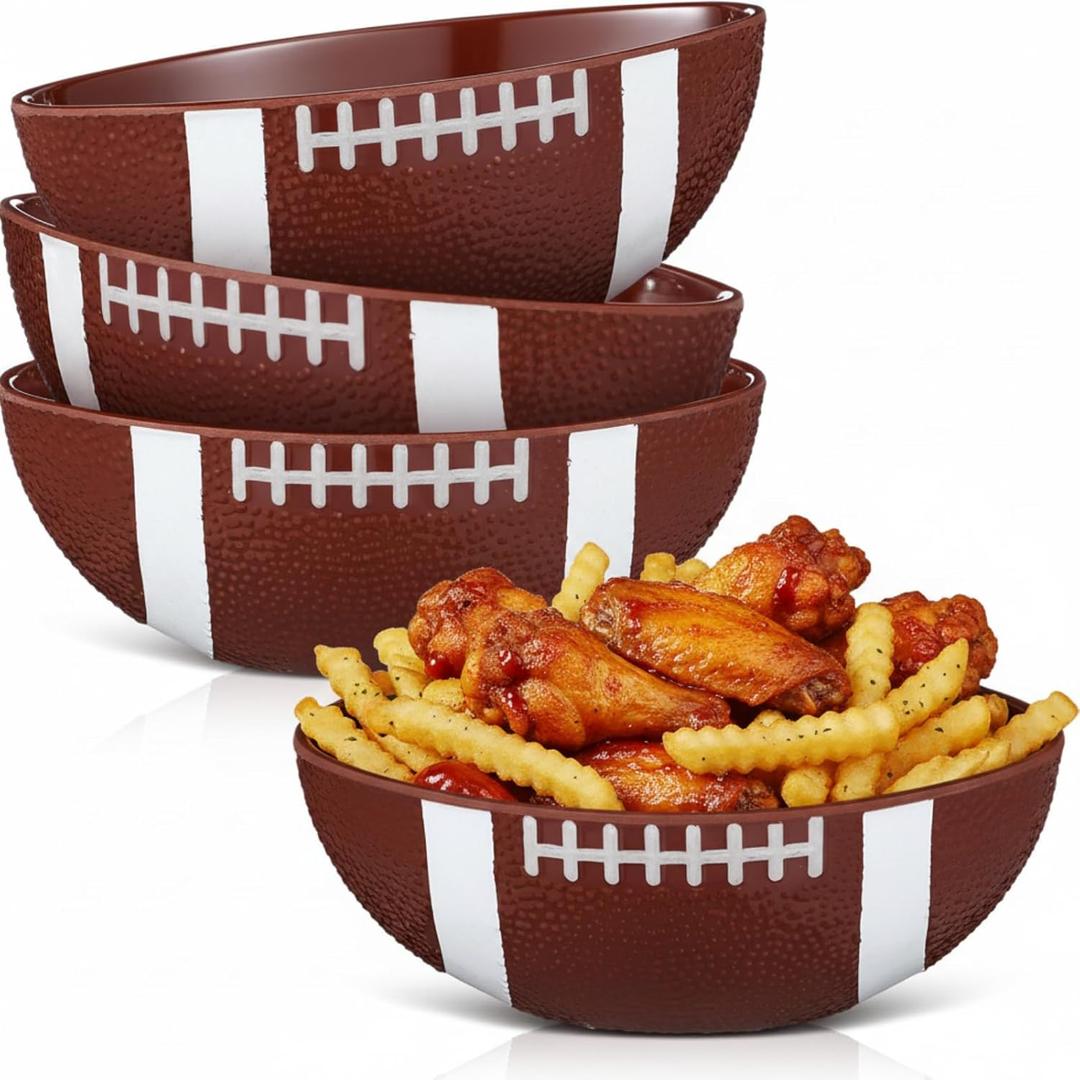 Qinyoung 4 Pack Football Serving Bowls Set 8 Inch Snack Bowls for Football Game Day Party Reusable Resin Serving Tray Dishes for Chips Popcorn Candy and Sports Themed Birthday Party Decorations