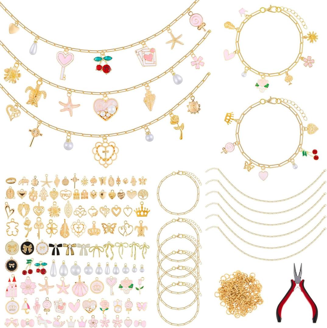 Quelay 328 Pcs Coquette Vintage Charm Necklace Making Kit Bulk for Women DIY with 118 Charms 200 Jump Rings 5 Necklaces 5 Bracelets Tools Accessories for Gift Beginner Arts and Craft Christmas