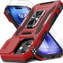 DEERLAMN Case for iPhone 17 6.3-Inch with Slide Camera Cover + Screen Protector (2 Packs), Rotated Ring Kickstand Military Grade Shockproof Protective Cover-Red