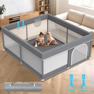 Baby Playpen 79"x71" Extra Large Play Yard for Toddlers with Pull Up Rings | Pull Up Rings for Standing & Walking, Sturdy Assembly No Shake, 360° Breathable Mesh, BPA-Free Oxford 27" Ht, Carry Bag, Grey