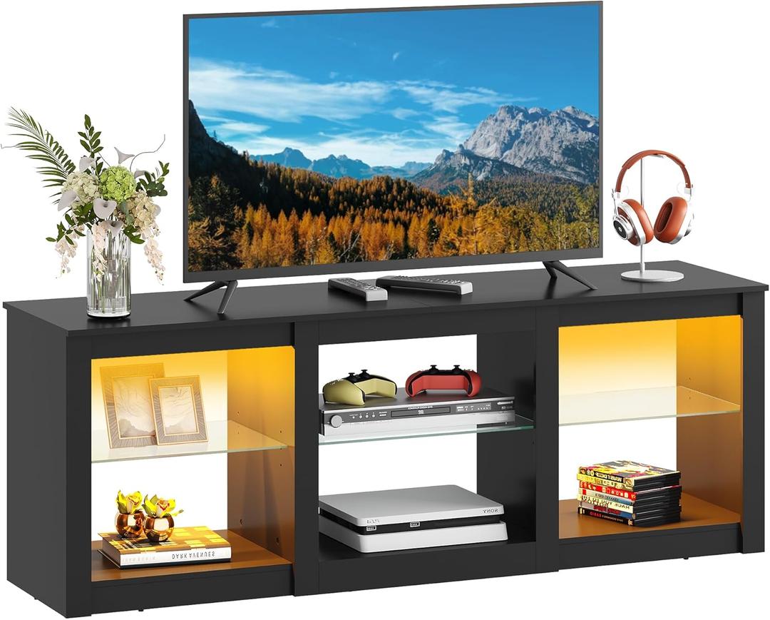WLIVE LED TV Stand for 65 Inch TV, Modern Entertainment Center with Adjustable Glass Shelves & Customizable LED Lights, Sturdy Media Console for Living Room, Bedroom,Gaming (Black)
