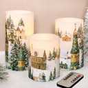 Christmas Flameless Pillar Candles Winter Snowflakes Village Theme Battery Operated with Remote Real Wax LED Flickering Realistic Flame Light Window Christmas Gifts Holiday Home Decor