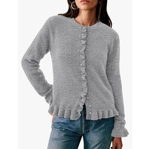 PRETTYGARDEN Womens Fall Button Down Cardigans Chunky Knit Ruffle Open Front Cropped Cardigan Sweaters Soft Long Sleeve Tops,  Size Medium