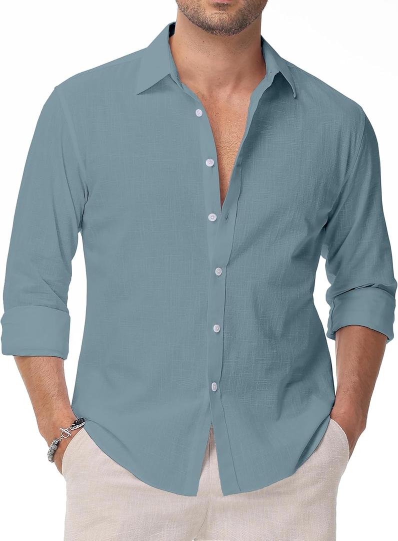 Linen Shirts for Men Casual Button Down Long Sleeve Shirt Solid Summer Beach Hawaiian Shirts (X-Large, Blue)