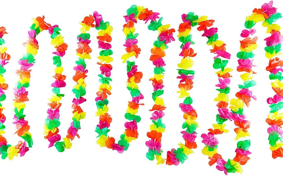 Super Z Outlet 100 Foot Long Tropical Multicolored Plastic Garland Flower Hula Leis Hawaiian Island Leaves Banner for Party Decorations, Birthdays, Event Supplies, Festivals, Children & Adults