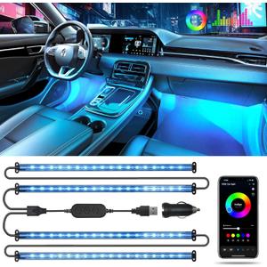 Pak Car LED Lights, Smart RGB 48 LED Car Interior Light with APP Control, Under Dash Car Strip Lights, Music Mode, DIY Mode, 2 Lines Design with Car Charger, Ambient Lighting for Cars, SUVs, Trucks