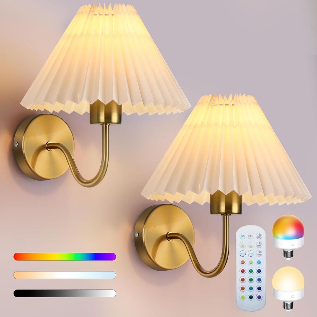 Battery Operated Wall Sconces Set of 2, Gold Wireless Rechargeable Wall Sconces with Remote Control & Magnetic Bulbs, Dimmable 15 Colors Pleated Shade Wall Lights for Bedroom, Living Room Decor Gift