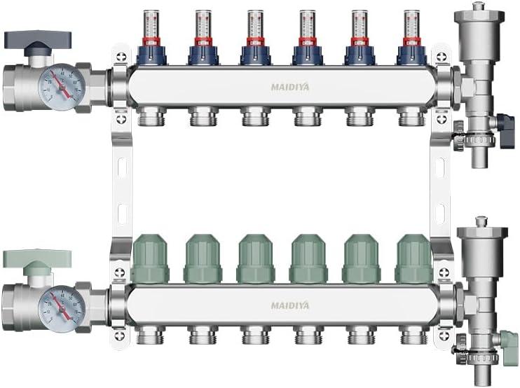 6-Loop 304 Stainless Steel Radiant Heat Manifold with Flow Meters，PEX Manifold with 1/2" Adapters, for Hydronic Radiant Infloor Heating System