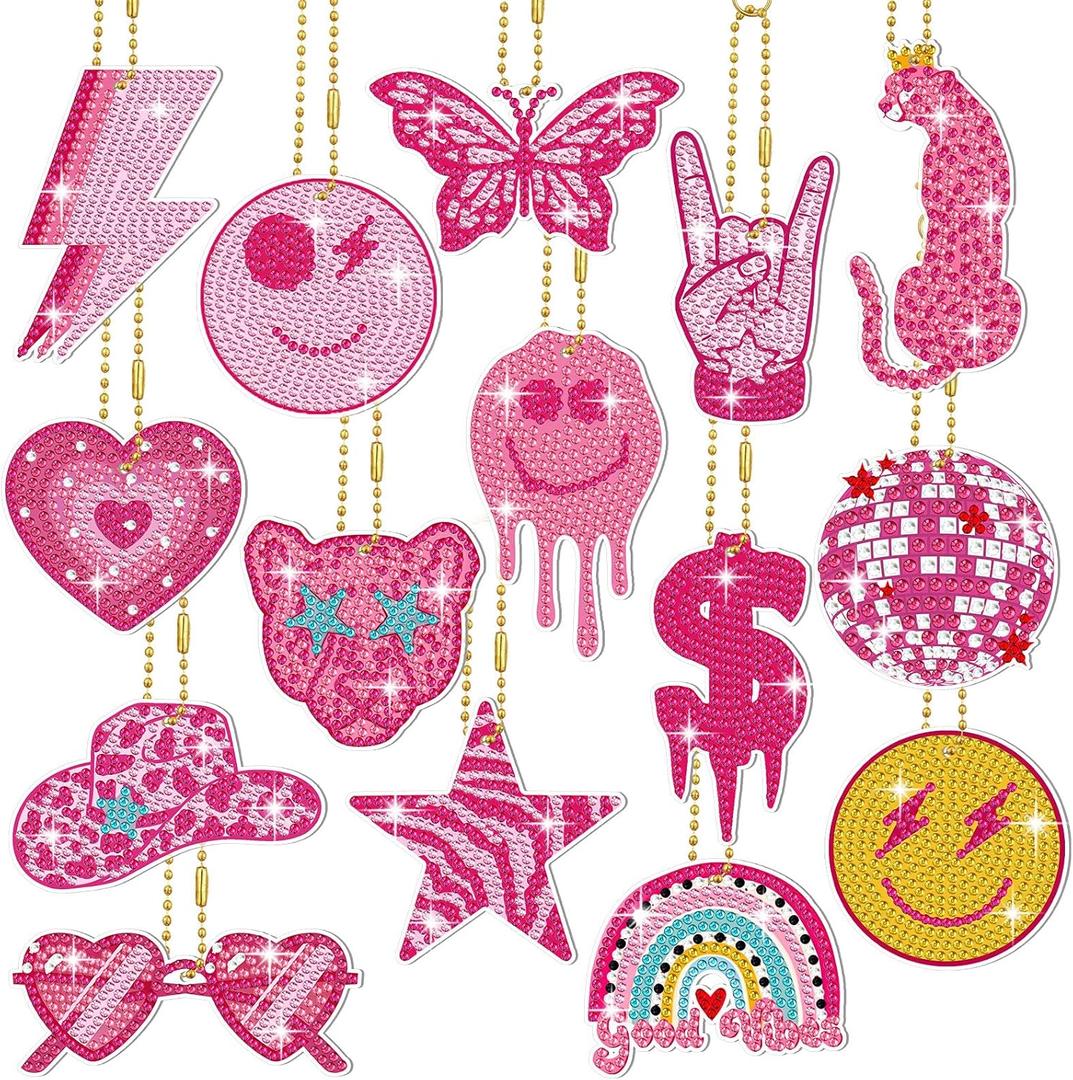 Siifert 15 Pcs Preppy Diamond Art Keychain 2026 VBS Pink Diamond Painting Kit Smile Face Pink Leopard Preppy Party Favors for Adult Women Beginner DIY Crafts Gifts Supplies