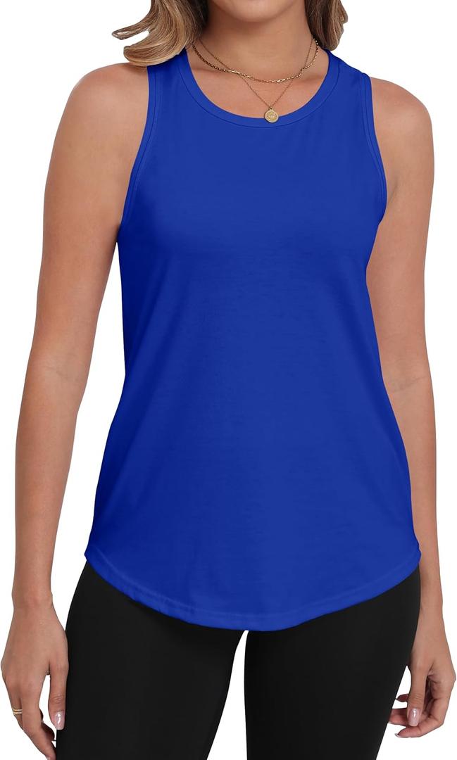 PRIMODA Womens Sleeveless Tank Tops Crew Neck Loose Fit Summer Casual Flowy Curved Tunic Shirt (Blue, S)