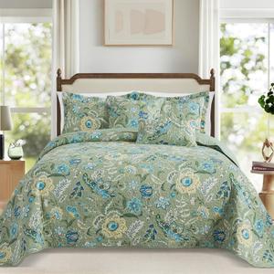 TWINRUN California King Quilt Sets,3 Pieces Oversized Cotton King Size Quilt Bedding Set (108 X 118 Inches), Vintage Sage Green California King Bedspread, Lightweight Cotton Coverlets for All Seasons
