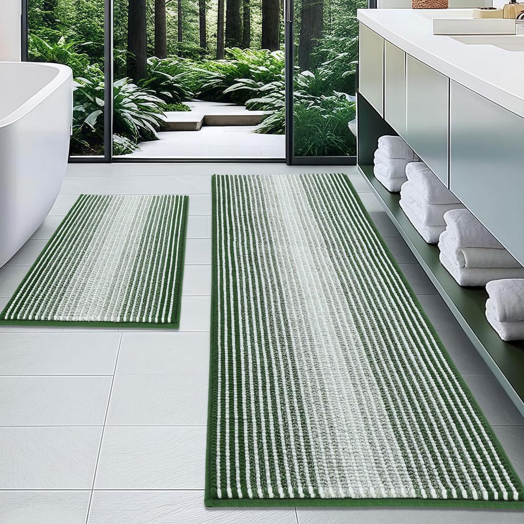Bathroom Rugs and Mats Sets, 2 Piece Thick Absorbent Chenille Bath Mat Rug Set Non Slip, Soft Shaggy Bath Room Floor Mats for Bathroom, Machine Washable (Hunter Green, 20" x 60" Plus 20" x 32")