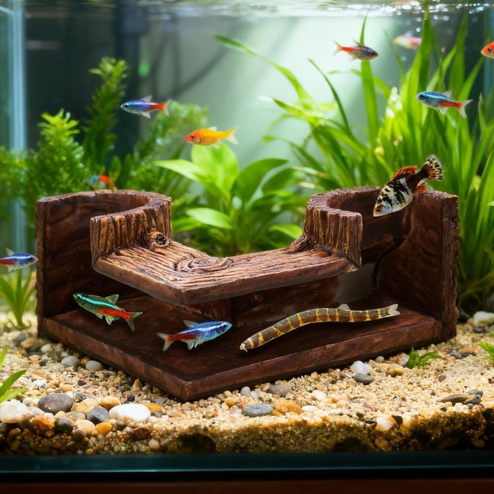 Aquarium Underground Corner Cave, Natural-Looking Wood-Like Viewing Fish & Shrimp Under Gravel Tunnel Fish Tank Decor Decoration Hideout for Corydora Catfish, Kuhli Loach, Pleco