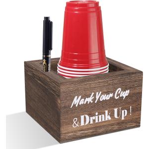 Wooden Cup Holder - Party Cup Holder with Marker Slot, for Party and Wedding, Rustic Disposable for Bar, Kitchen, Countertop, Home & Office, Brown
