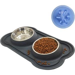 Dog Bowls Stainless Steel Slow Feeder Set with Silicone Mat-100% Waterproof BPA Free Cat and Dog Food Bowls No-Spill and Non-Skid-Pet Feeder Water Bowls for Puppy Medium Dogs Cats (Black)