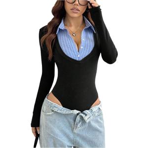SOLY HUX Women's Striped Long Sleeve Bodysuits Button Down Tshirts Collared 2 in 1 Tops Preppy Clothes Black Striped Small