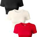 OQQ Women's 3 Piece Crop Tops Crew Neck Shorts Sleeve Stretch Fitted Shirts Crop Tops (Small, Black, Red, Beige)