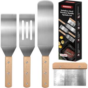 4Pcs Stainless Steel Metal Spatula Set, Flat Spatula Pancake Flipper Burger Fish Turner Griddle Scraper Long Wide Spatula for Cast Iron Griddle BBQ Grill Spatulas Flat Top Accessories