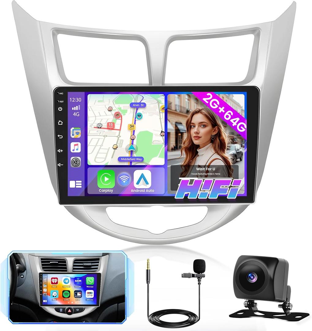 Hi-Fi 2+64G Android 13 Car Stereo Radio for 2010-2016 Hyundai Accent Verna Solaris, 9'' HD Touch Screen with Wireless CarPlay Android Auto, AHD Backup Camera, Mirror Link, GPS, WiFi