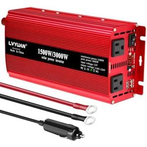LVYUAN 1500W Inverter Car Power Inverter 12V to 110V for Vehicles with LED Display, US Outlets, USB Ports for Camping Outdoor Car Yacht RV (Red)