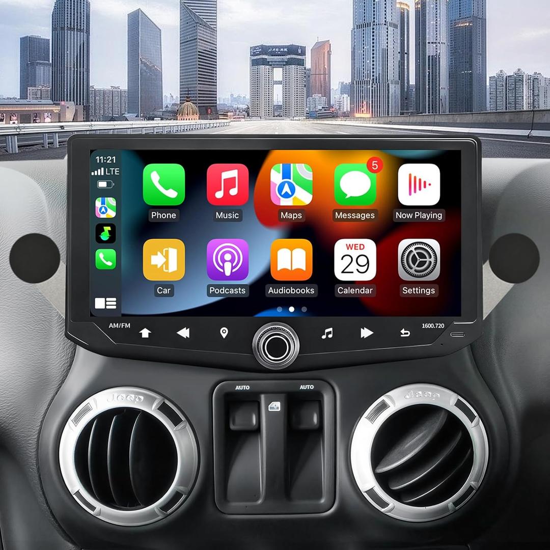 10.88 Inch Car Radio for Jeep Wrangler JK 2007-2018 Upgrade Stereo 8Core 4G+64G Head Unit with CarPlay Tesla Style Touch Screen Android Auto Bluetooth FM AM GPS Phone Holder Backup Camera