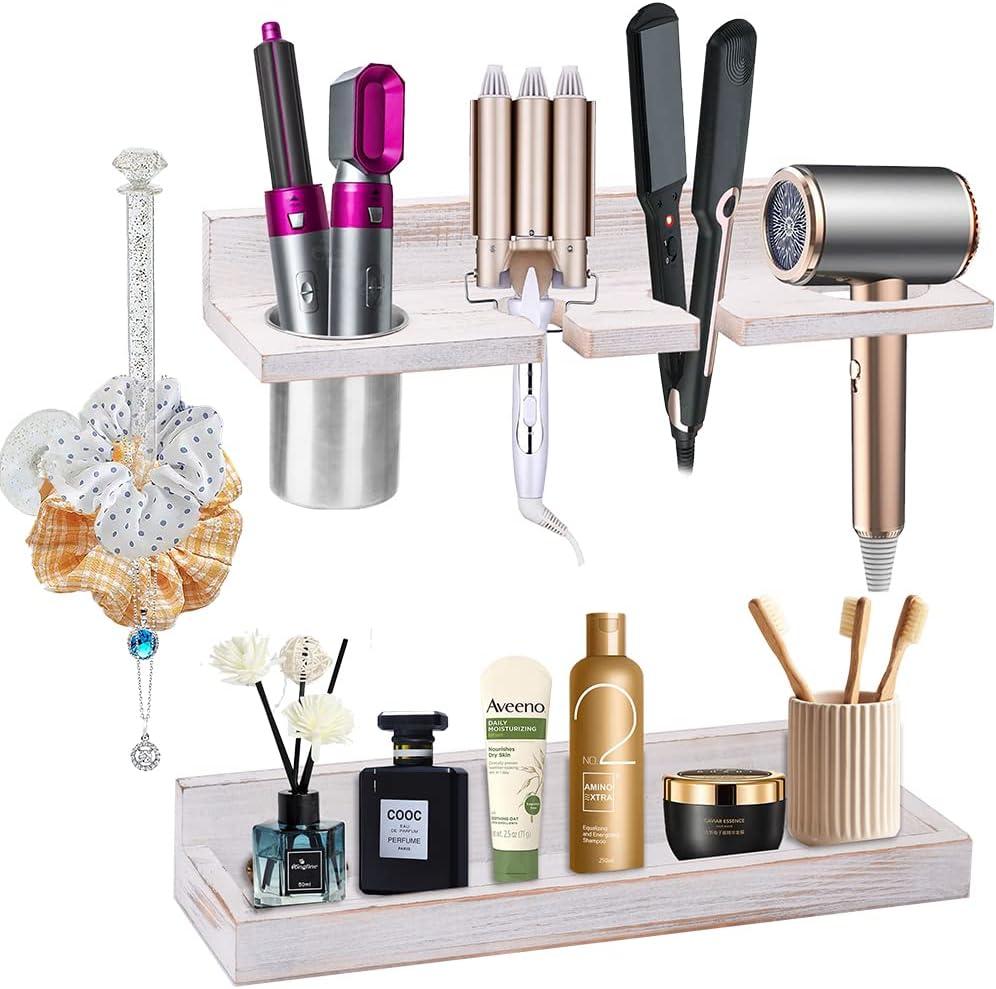 Hair Tool Organizer Wall Mount Holder, Set of 2 Layer Rustic Blow Dryer Holder, Hair Product Organizer Wooden Storage for Hair Dryer, Curling Iron, Hot Tools, Vanity Accessories, Makeup, Toiletries (White)