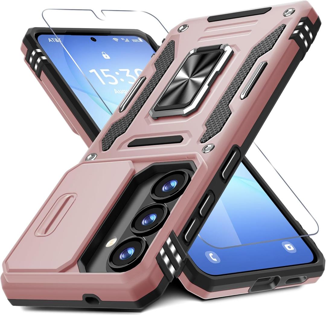 DEERLAMN Case for Samsung Galaxy A37 5G with Slide Camera Cover+Screen Protector (1 Pack), Rotated Ring Kickstand Military Grade Shockproof Protective Cover-Rose Gold
