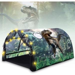 Dinosaur Bed Tent for Kids Large Kids Twin Tent Toddler Play Bed with Carry Bag Foldable with String Lights for Girls Boys Bedroom Indoor Games