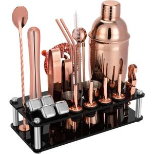 23 Piece Cocktail Shaker Set Bartender Kit with Acrylic Stand & Cocktail Recipes Booklet, Professional Bar Tools for Drink Mixing, Home, Bar, Party (Include 4 Whiskey Stones) - Gold Rose